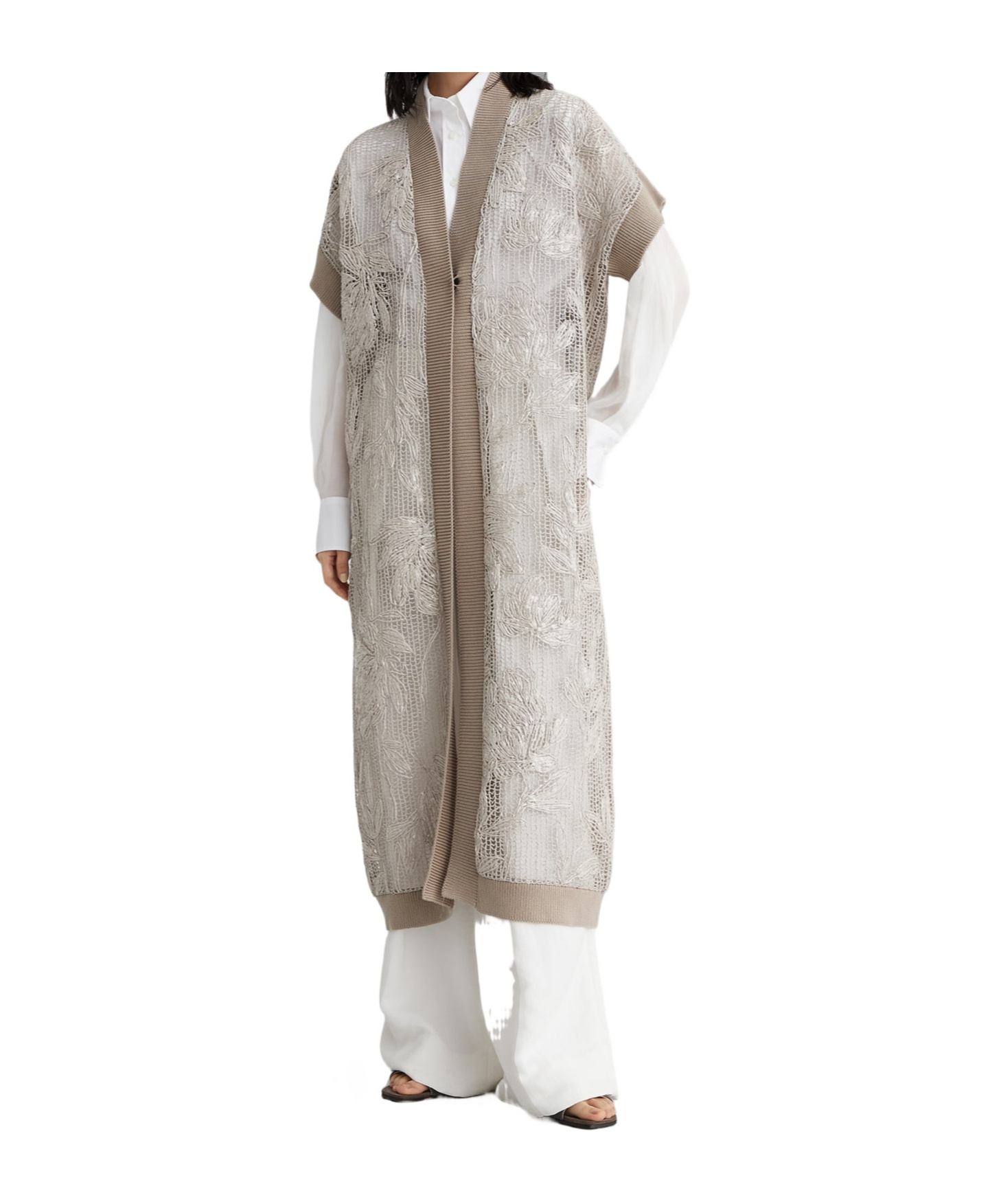 Brunello Cucinelli Magnolia-embroidered Long Cardigan In Gray