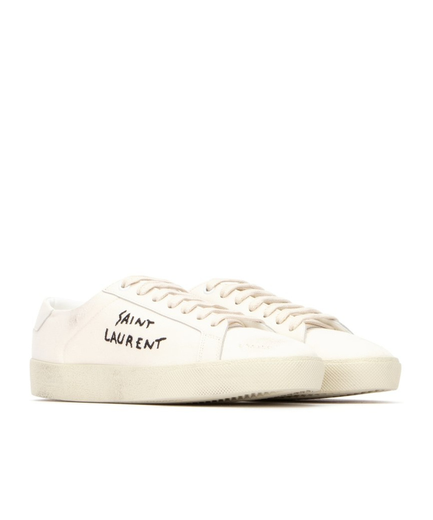 Saint Laurent Court Classic Distressed Logo-embroidered Canvas And Leather Sneakers In White