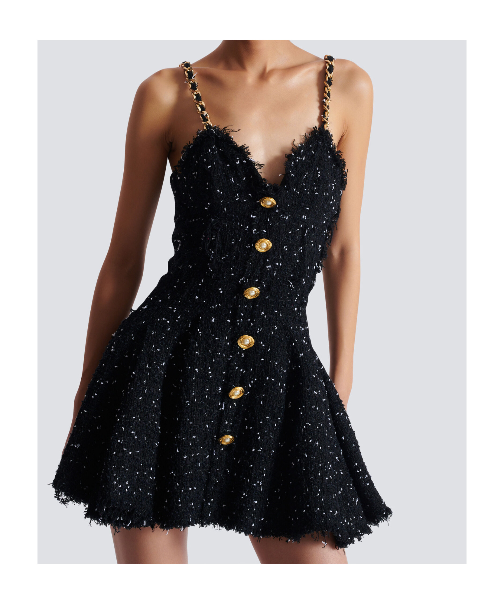 Balmain Short Polka Dot Dress With Chain Straps In Black