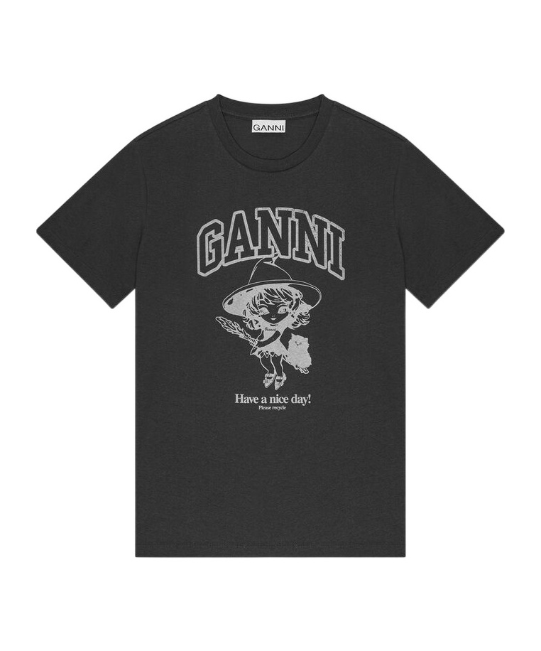Ganni Black Crewneck T-shirt With Maxi Logo Lettering On The Front And Maxi Print On Front And Rear In Black