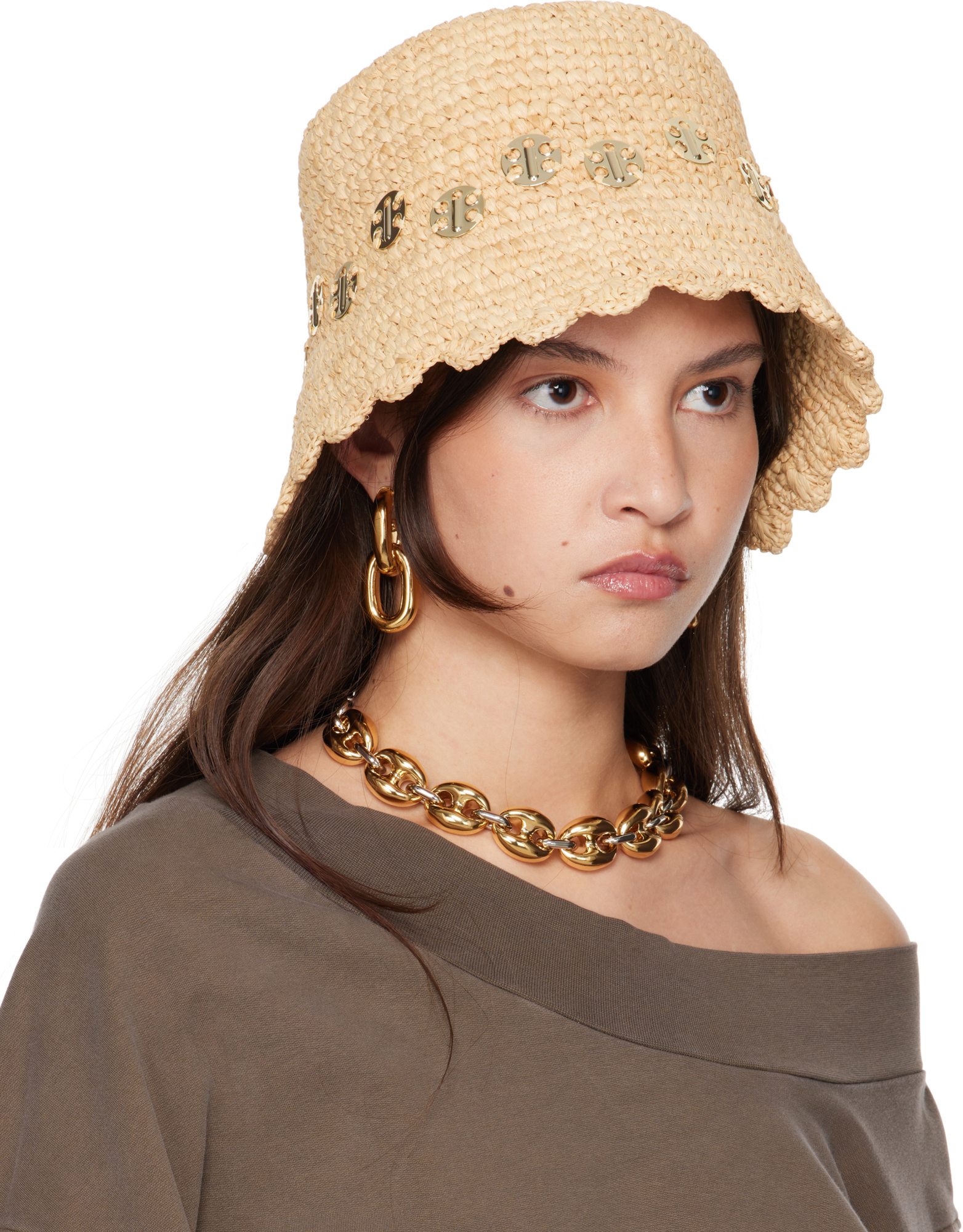 Rabanne 'autres' Beige Hat With Metallic Embellishments In Raphia Woman In Nude