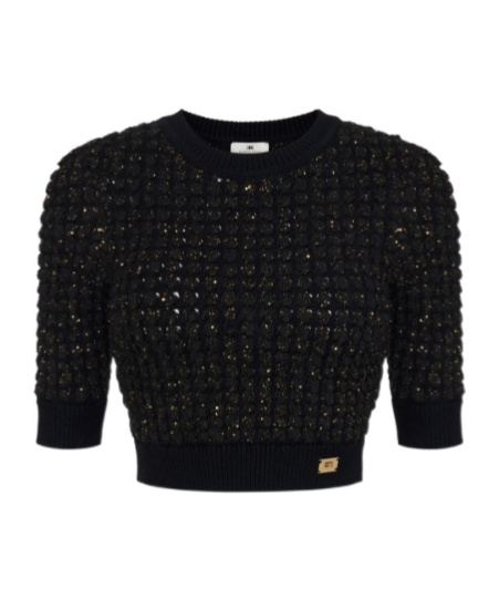 Elisabetta Franchi Bouclé Knit Top With Sequins In Black