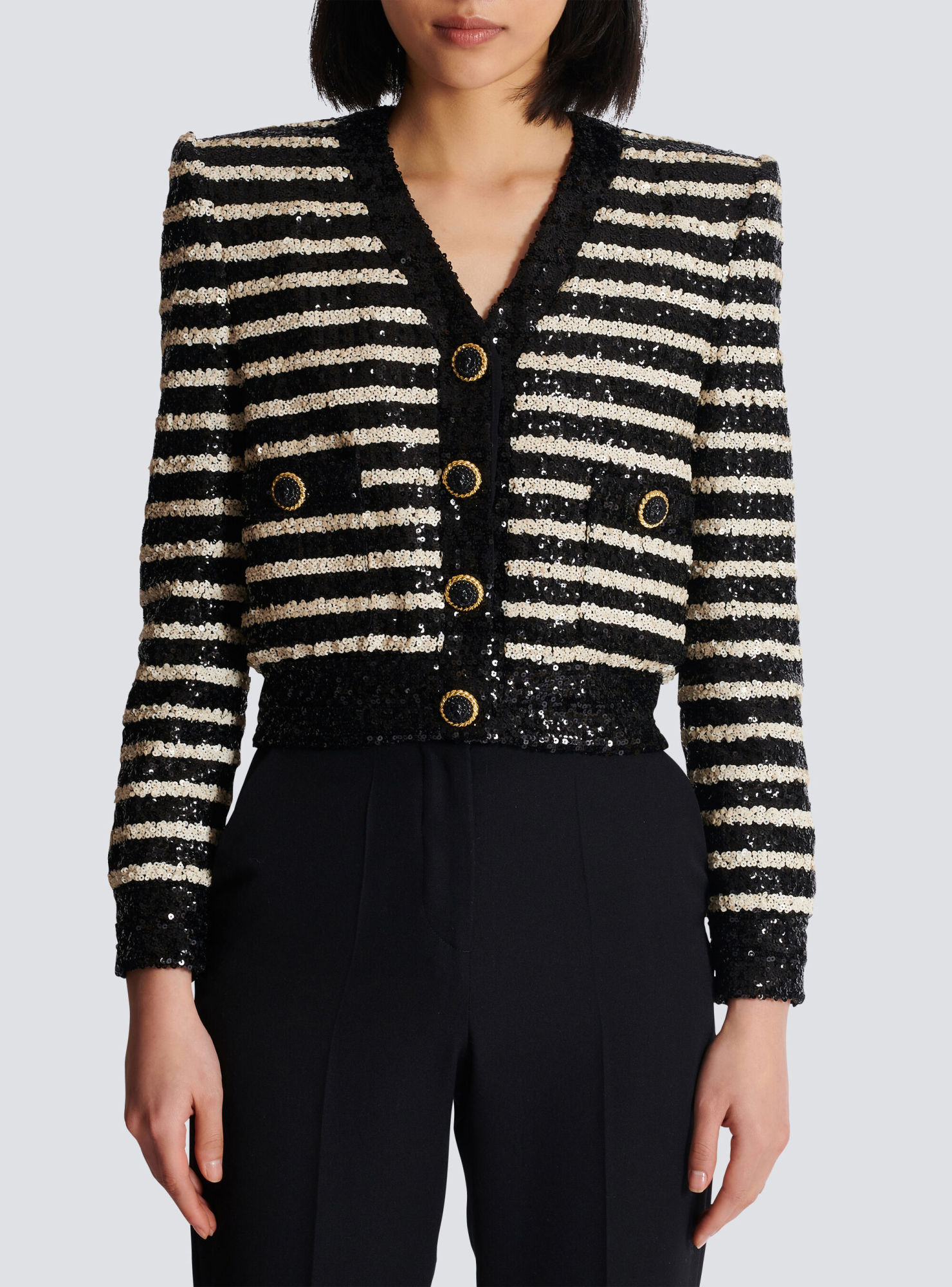 Shop Balmain Striped Sequinned Jacket In Black