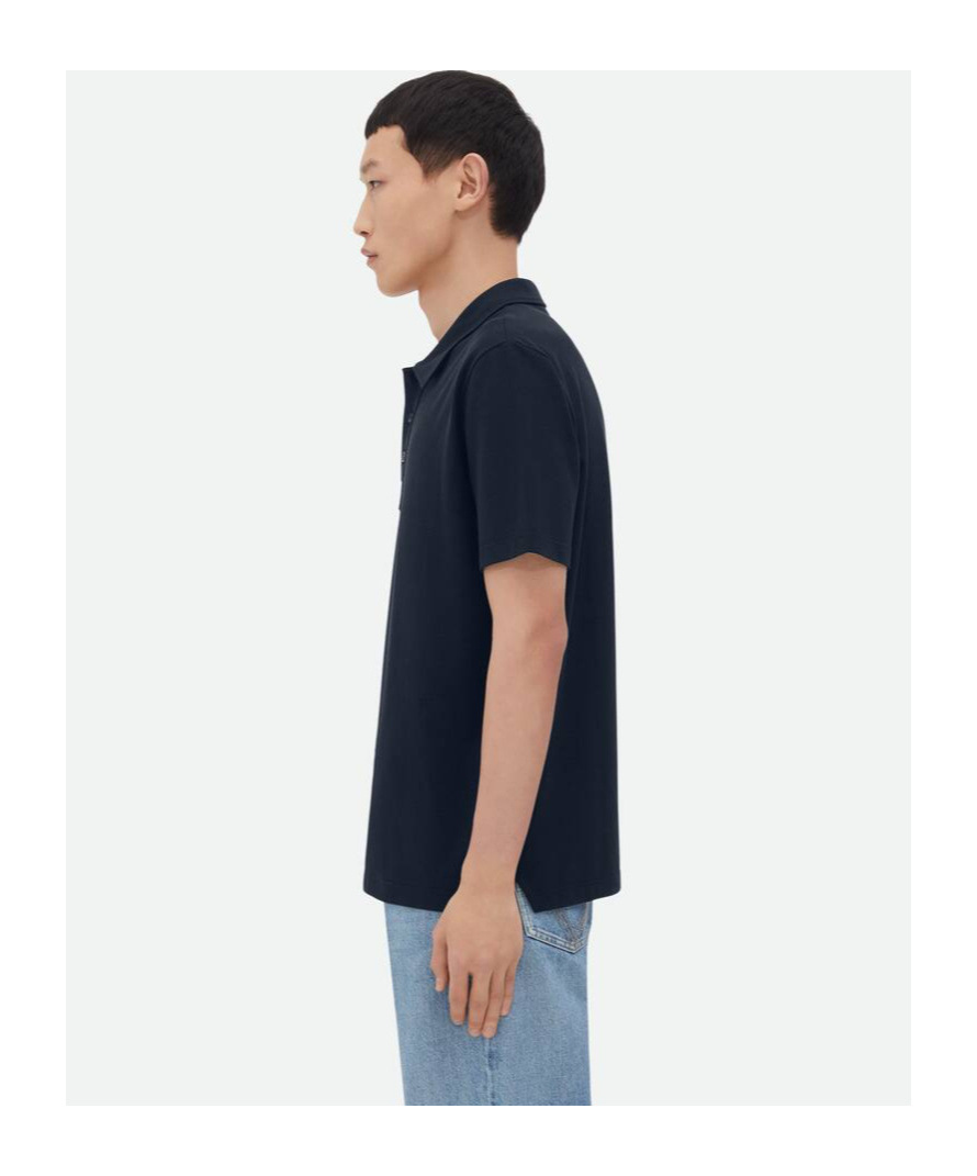 Bottega Veneta Blue Polo With Classic Collar And Embroidered Logo On The Front In Tone On Tone Cotto In Black