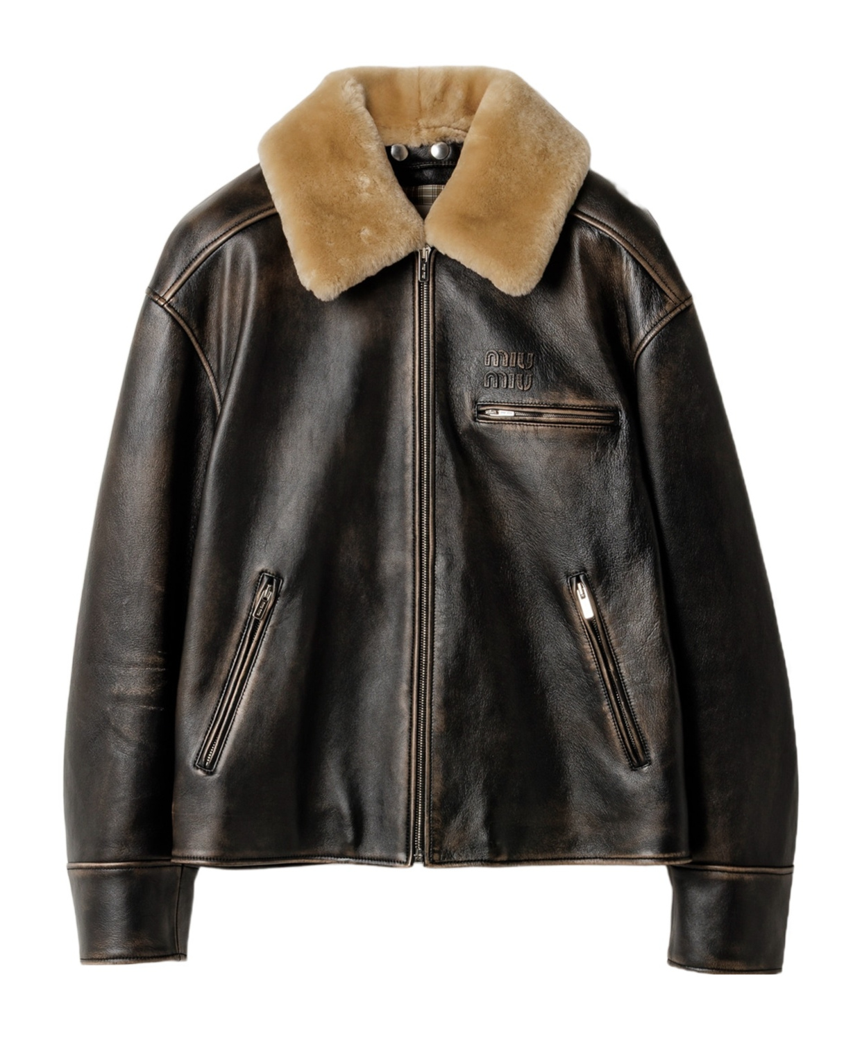 Miu Miu Lamb Shearling Collar Leather Jacket In Black