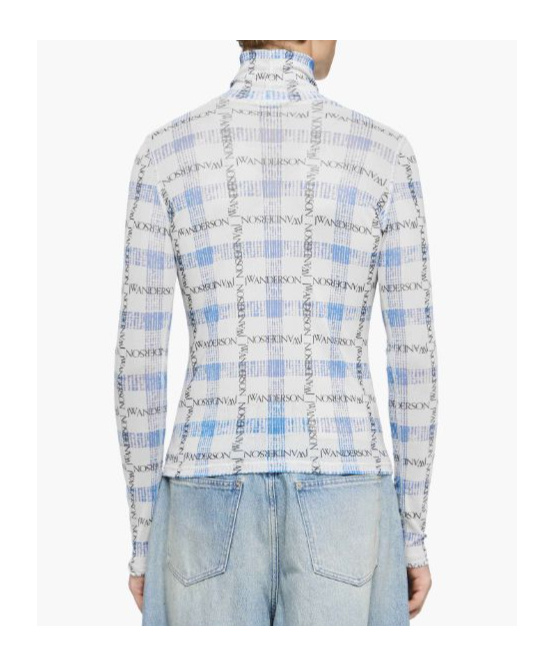 Jw Anderson Light Blue Turtleneck T-shirt With All-over Check Motif And All-over Logo Print In Tech Fabric Stret In White