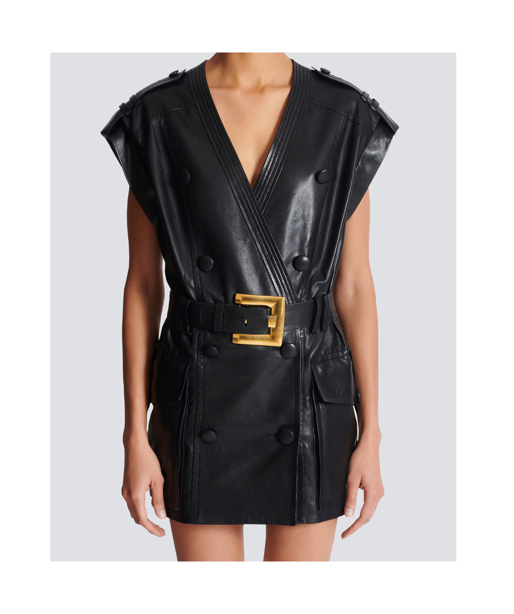 Balmain Lambskin Leather Short Belted Dress In Black