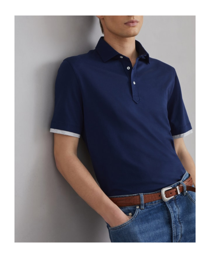 Brunello Cucinelli Double-layer Cotton Polo Shirt In Blue