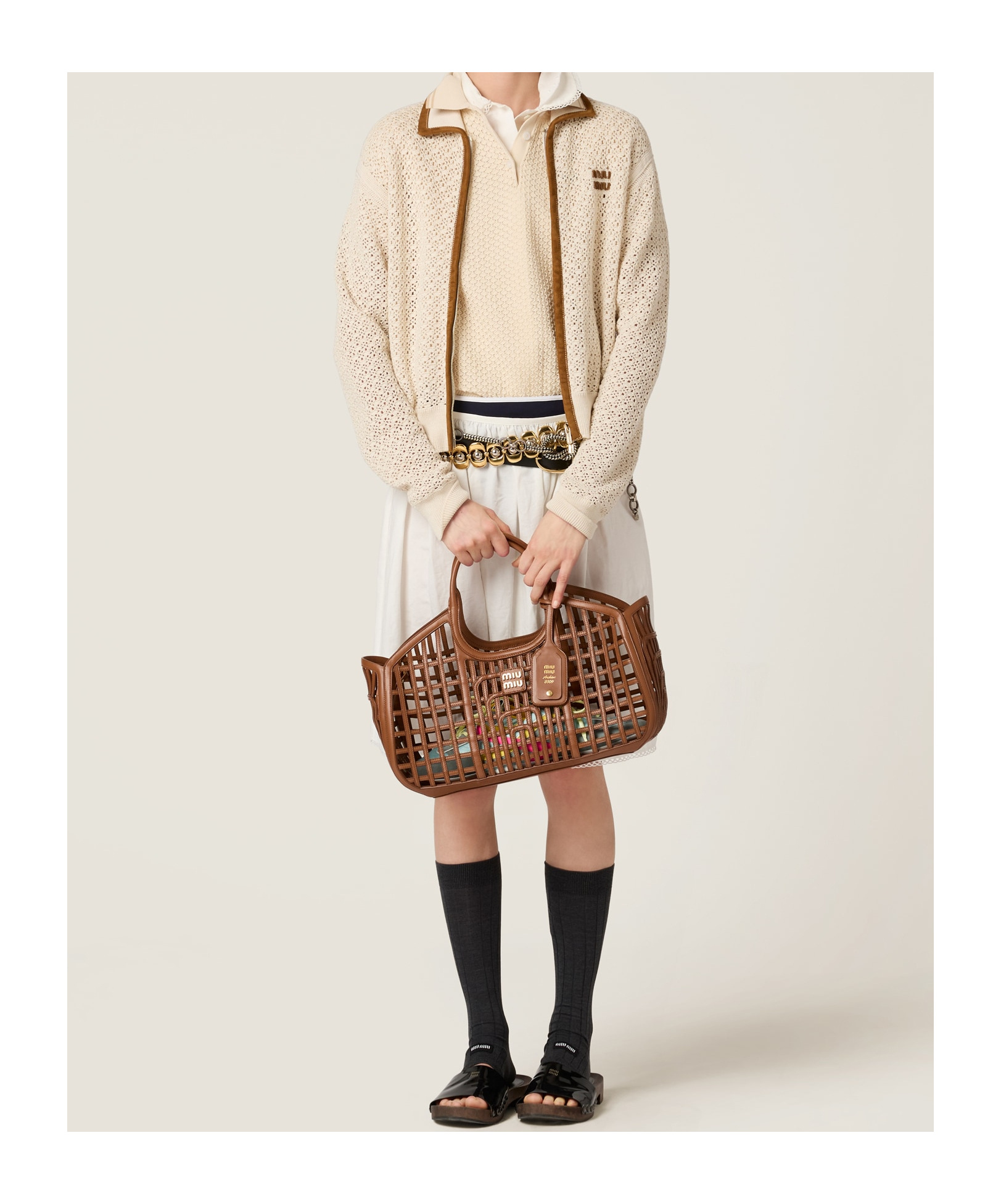 Miu Miu Cotton And Suede Cardigan In Gray