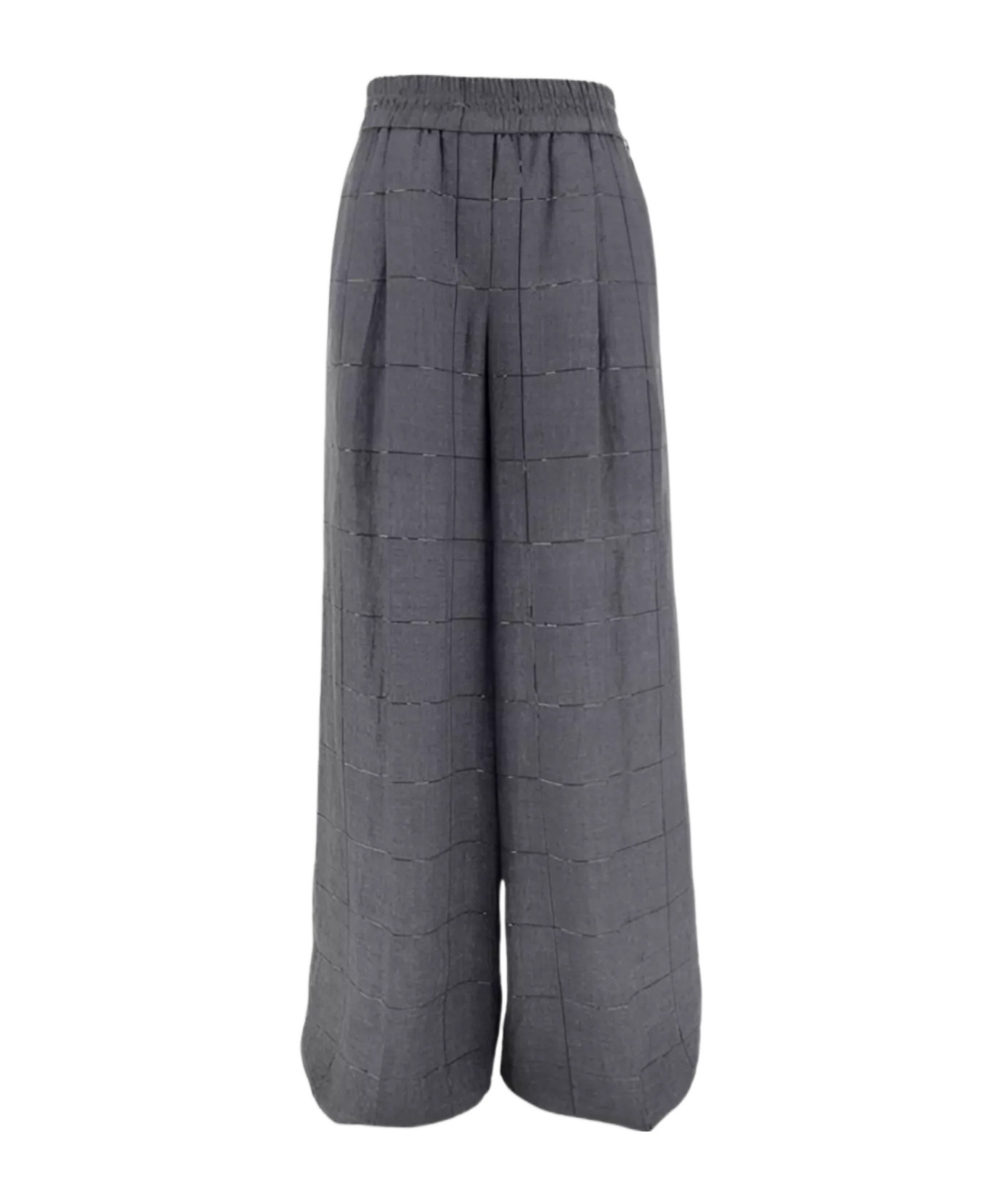 Brunello Cucinelli Check Linen Palazzo Trousers With Sequin Detail In Gray