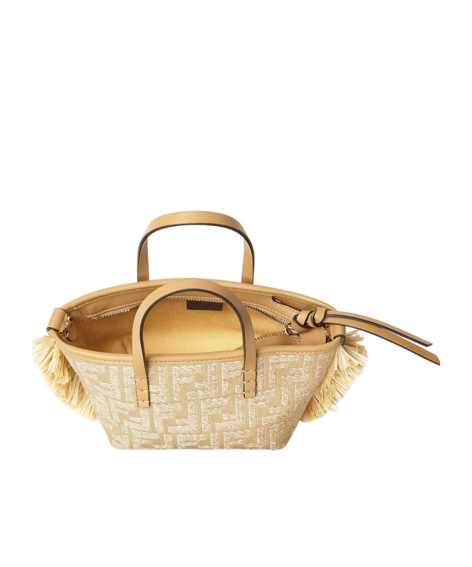 Fendi Borsa A Mano Roll Mini In Rafia Ricamata  Donna In Light Brown