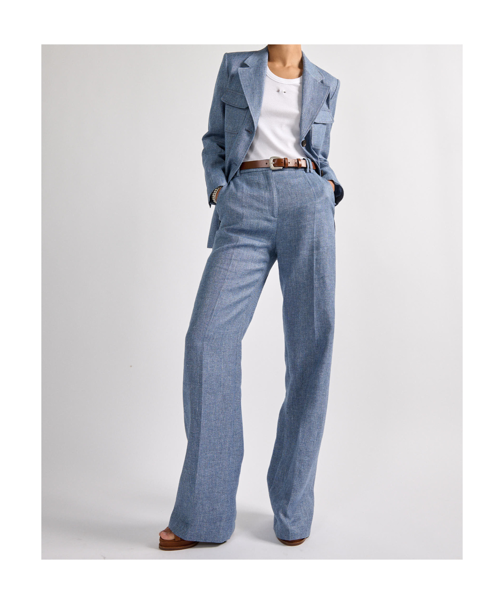 Barbara Bui Blue Washed Linen And Cotton Denim Straight-leg Trousers In Blue