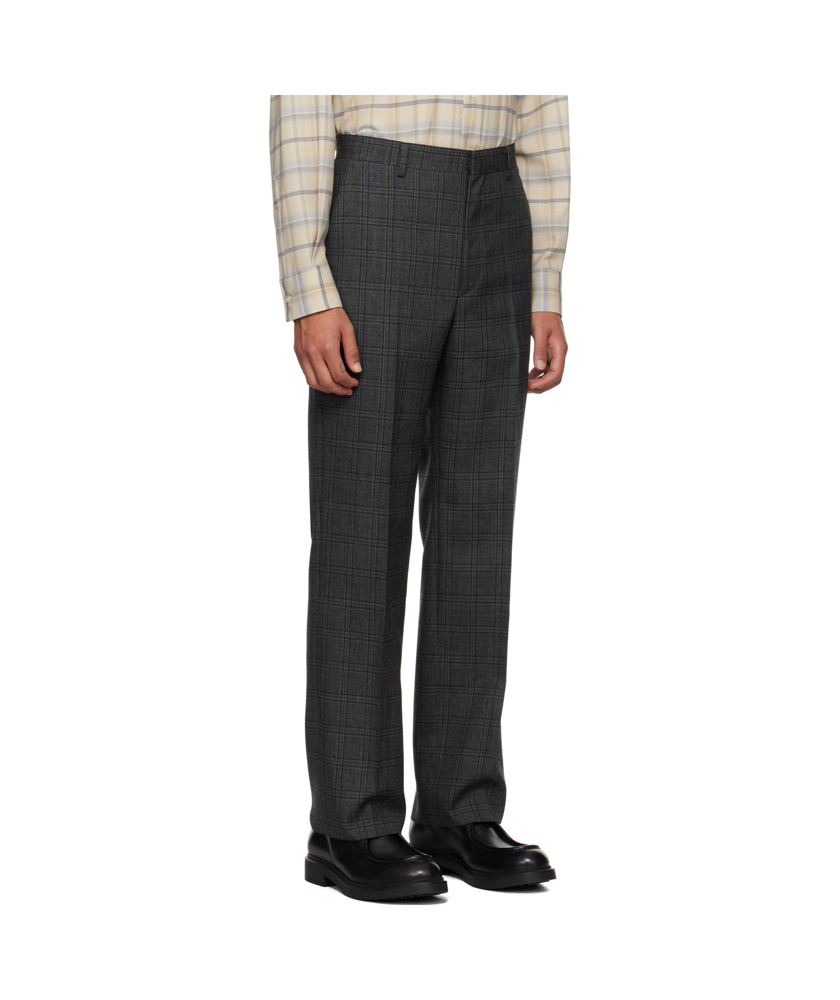 Auralee Bluefaced Wool Check Trousers In Black