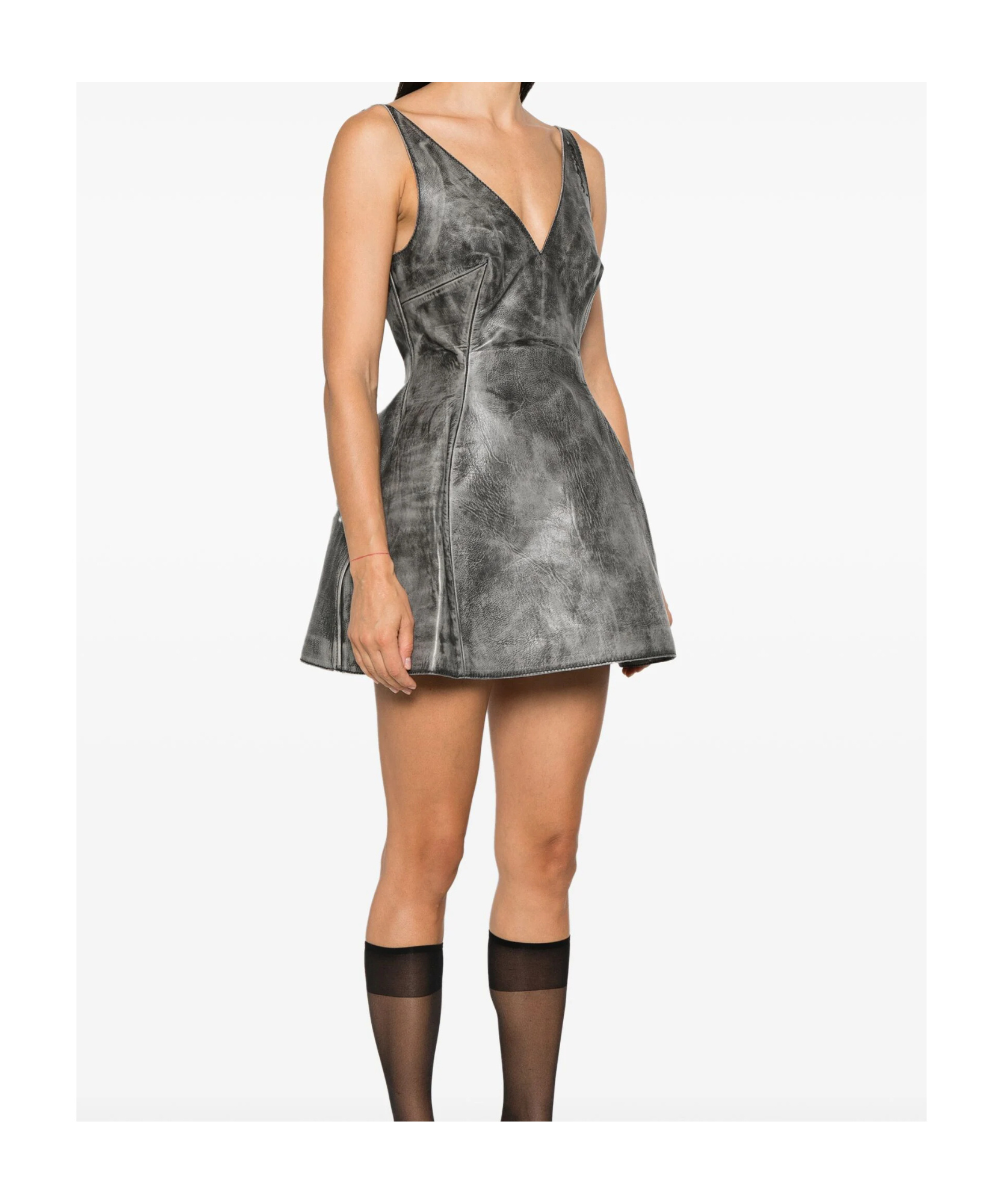 Marni Washed Leather Mini Flared Dress In Gray