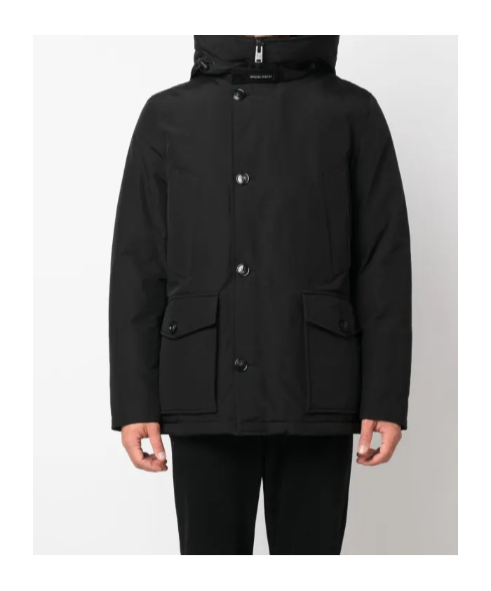 Woolrich Padded Jet Black Parka With Logo Print And Drawstring Hood In Black