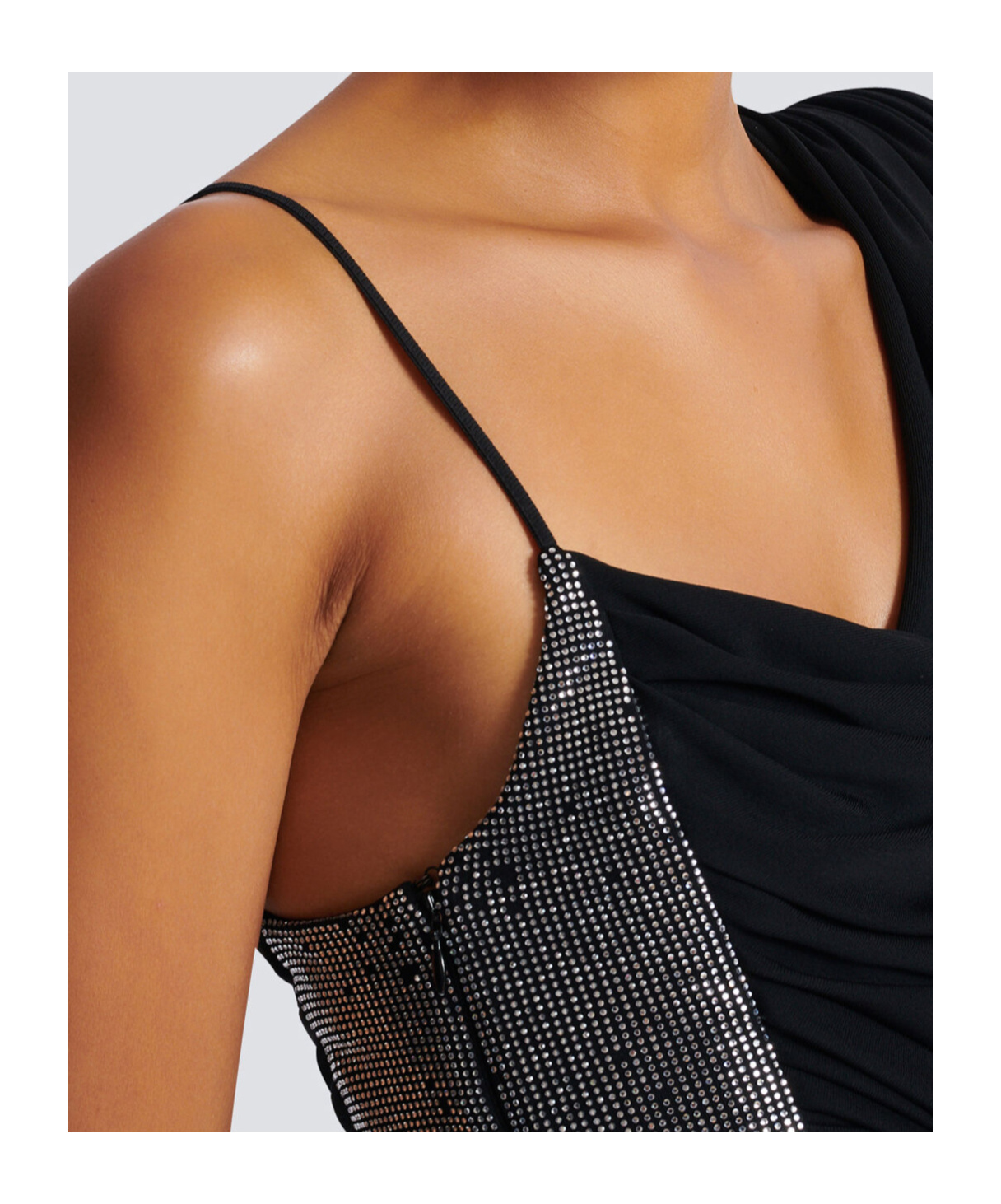 Balmain Draped Asymmetrical Two-material Dress In Black