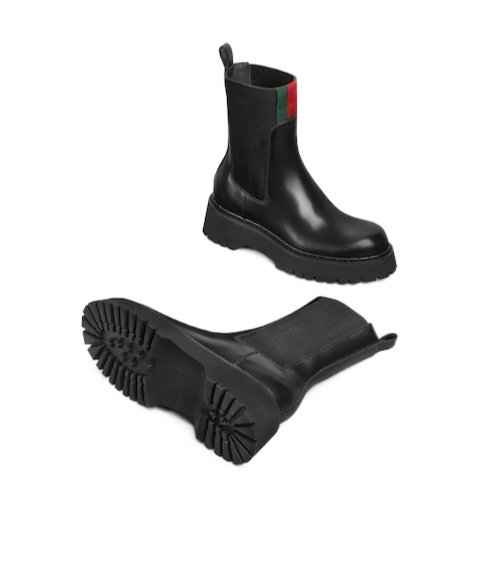 Gucci Thea Webbing-trimmed Glossed-leather Chelsea Boots In Black