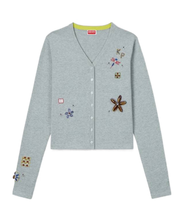Kenzo Long-sleeved Embroidered Cardigan In Gray