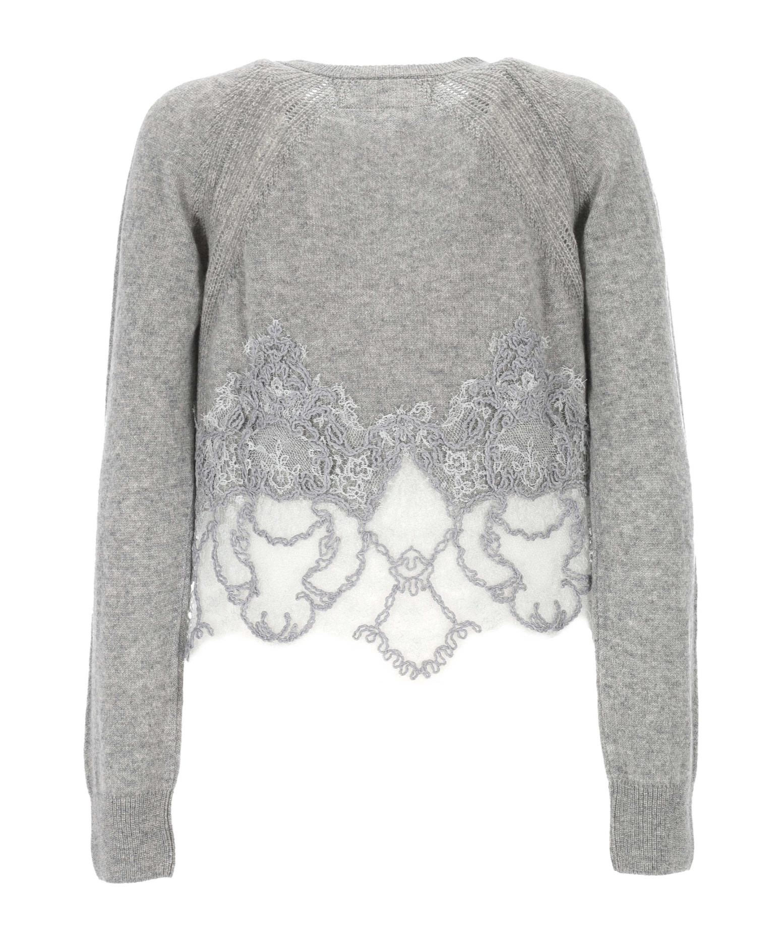 Ermanno Scervino Cropped Cardigan In Pure Cashmere With Mandarin Collar And Rebrode Lace In Gray