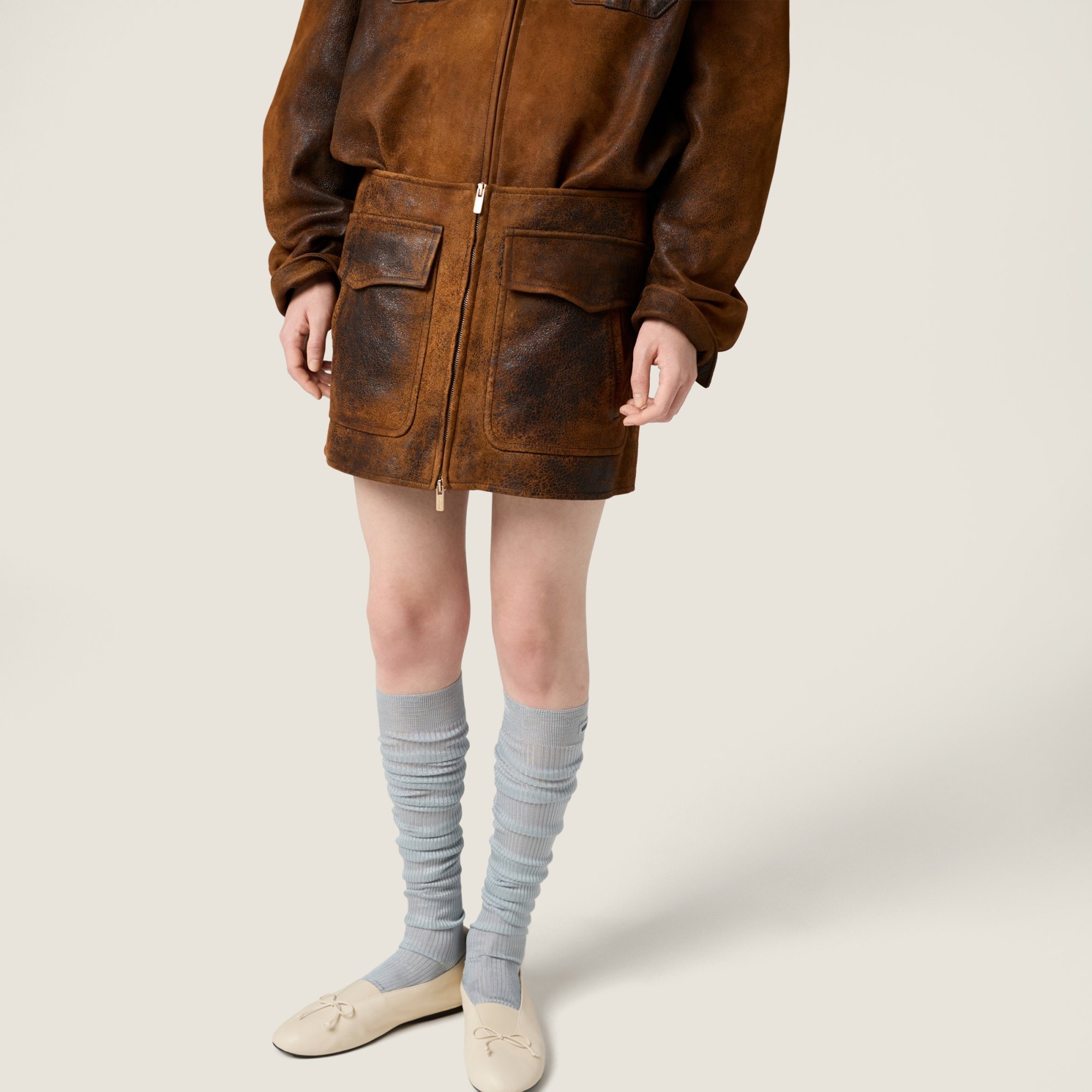 Miu Miu Waxed Suede Leather Mini-skirt In Multi