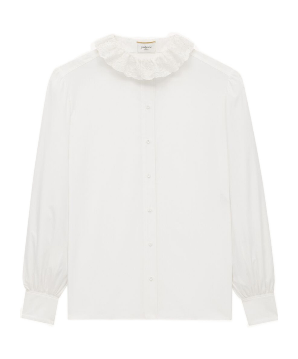 Saint Laurent Lace-trimmed Cotton Poplin Blouse In White