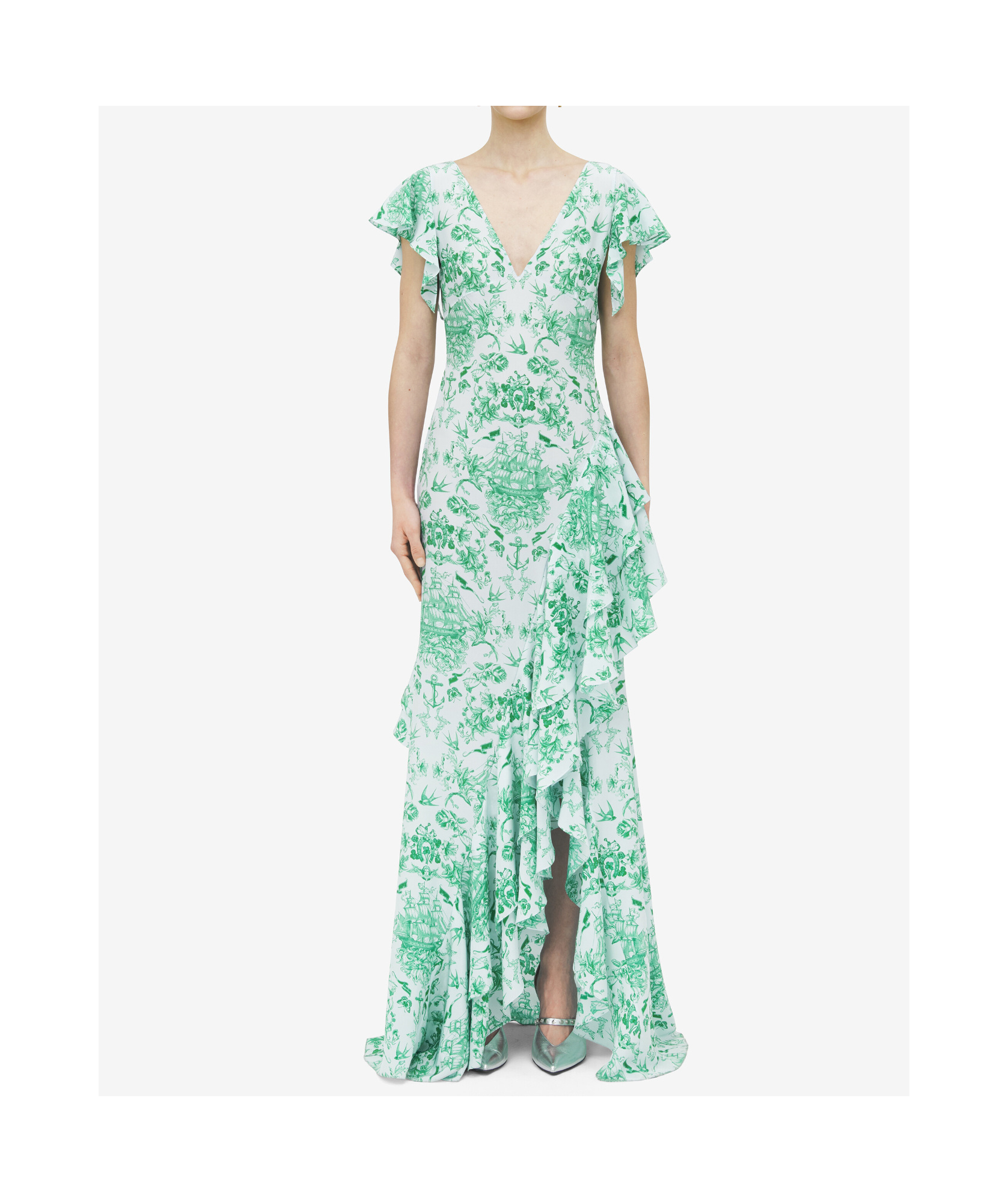 Alexander Mcqueen Asymmetric Ruffled Printed Silk-satin Maxi Dress In Green