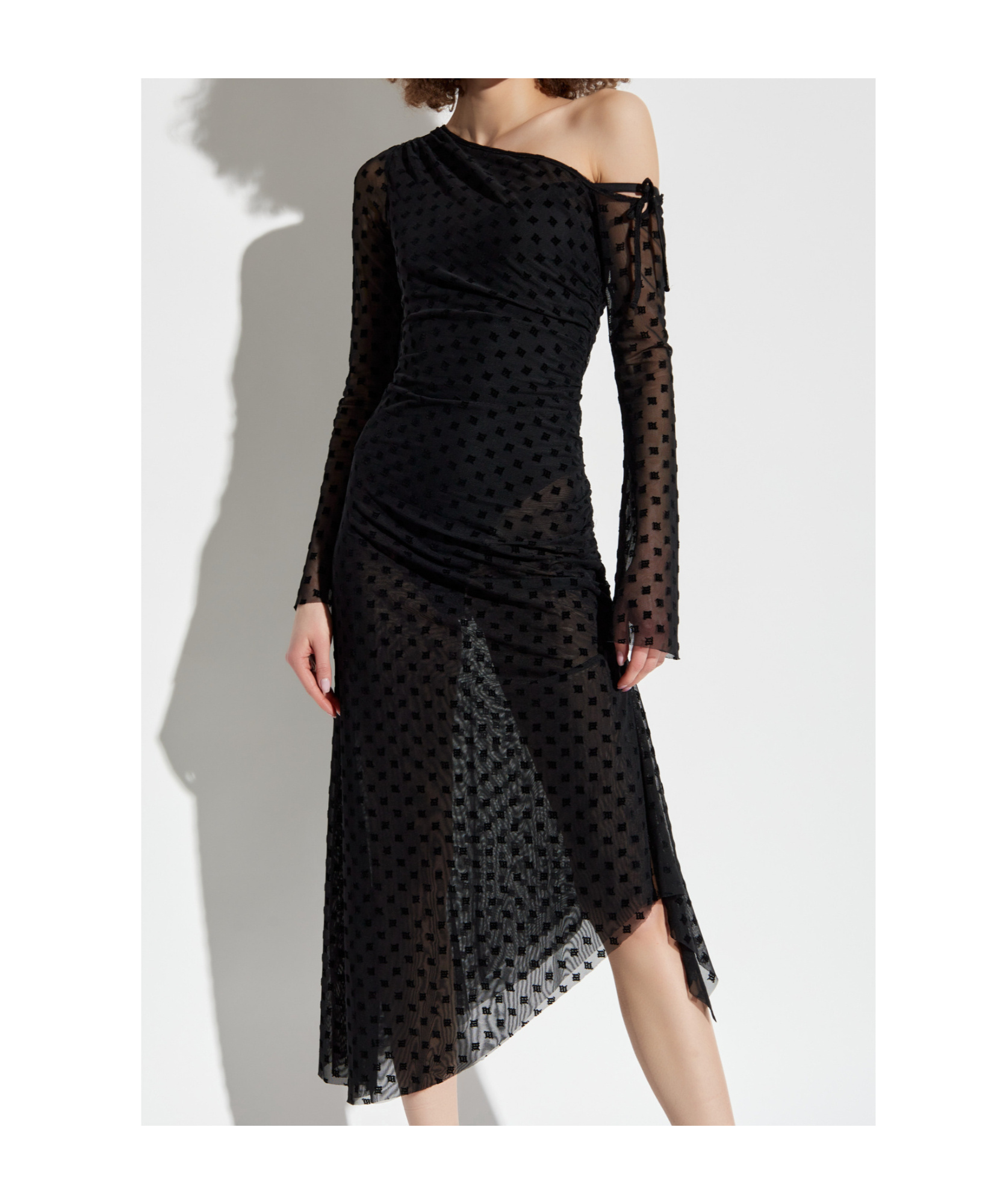 Misbhv Black Sheer Midi Dress With Asymmetric Hem In Black