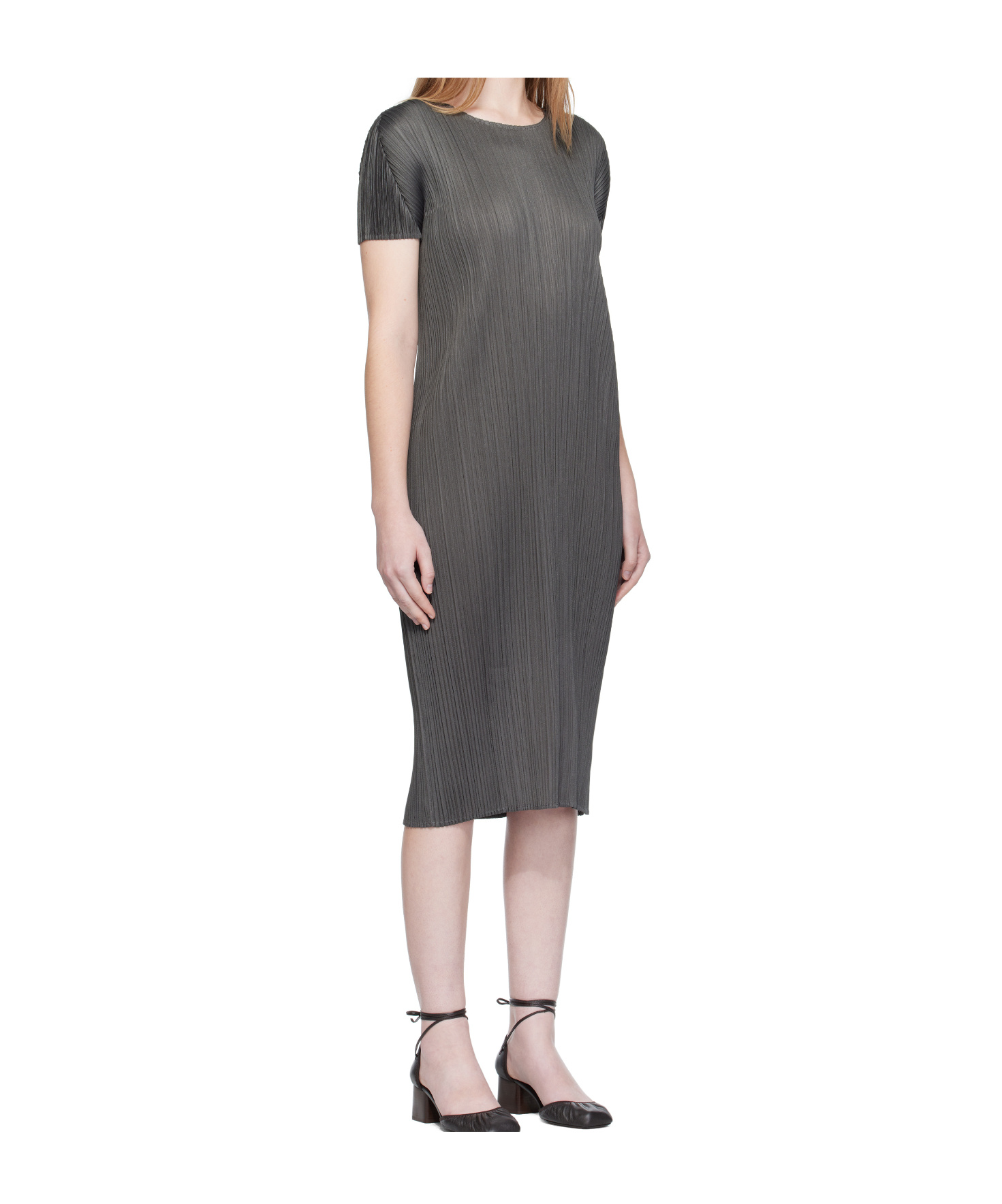Issey Miyake Pleated Short-sleeved Dress In Gray