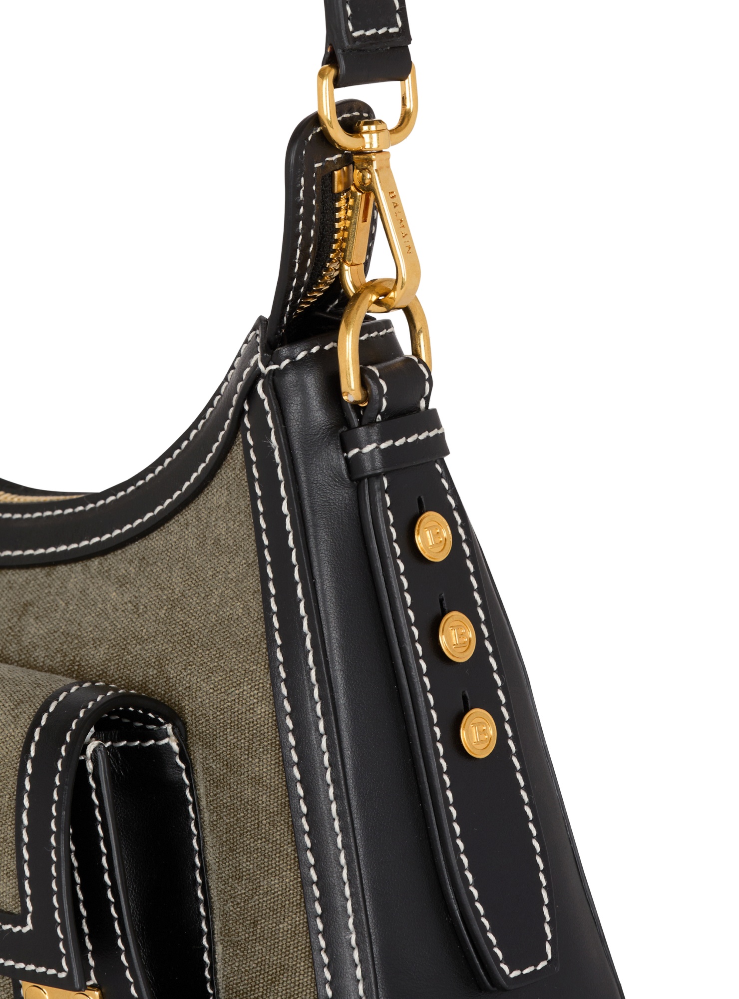 Shop Balmain B-buzz Hobo Bag In Leather And Canvas In Green