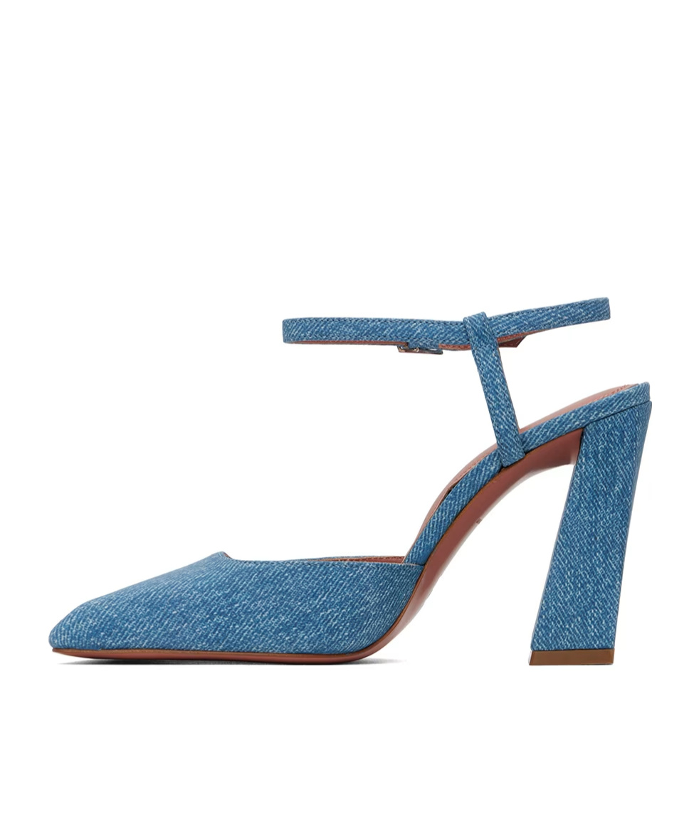 Shop Amina Muaddi Suede Printed Denim Heel Sandals In Blue