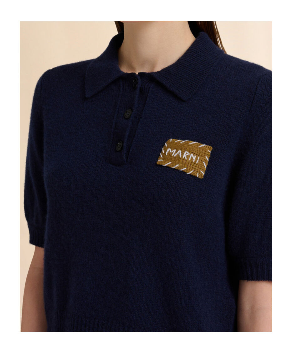 Marni Deep Blue Cashmere Polo Jumper With Patch