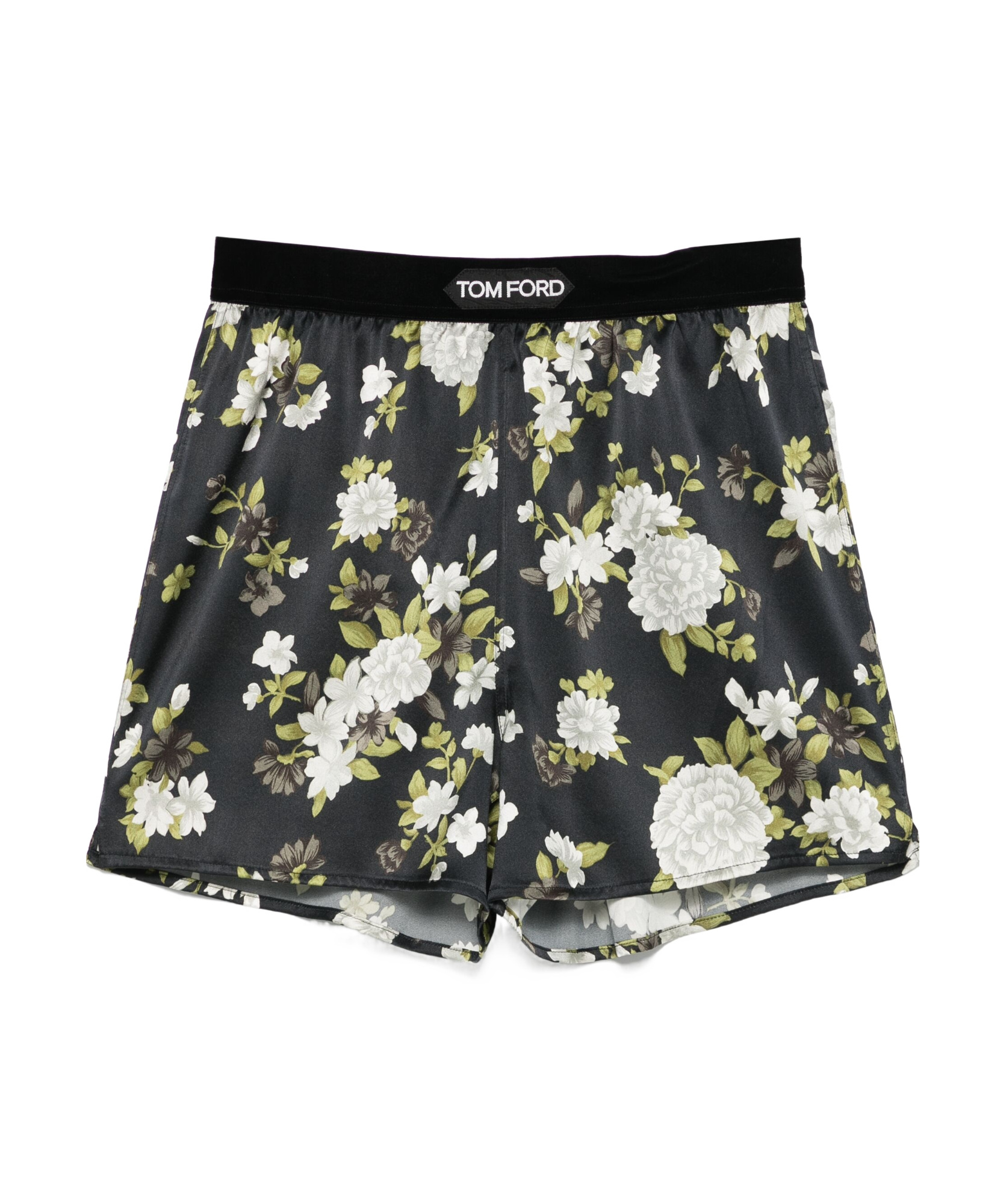 Tom Ford Floral Print Stretch Silk Satin Shorts In White/black