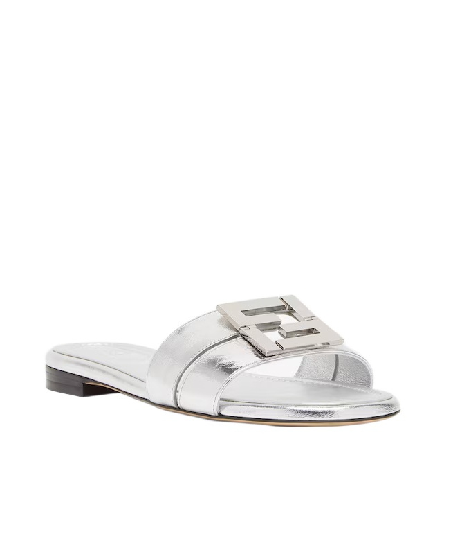 Fendi Ffold Metallic Leather Sandals In White