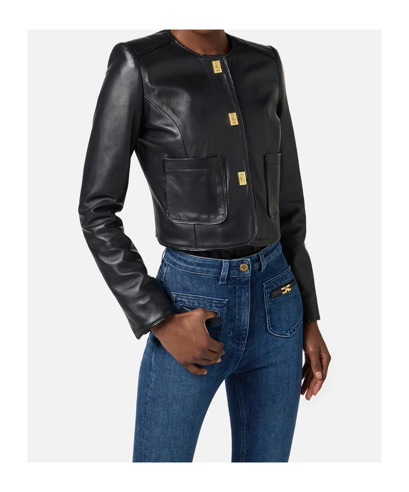 Elisabetta Franchi Leather Jacket With Monogram Metal Details In Black