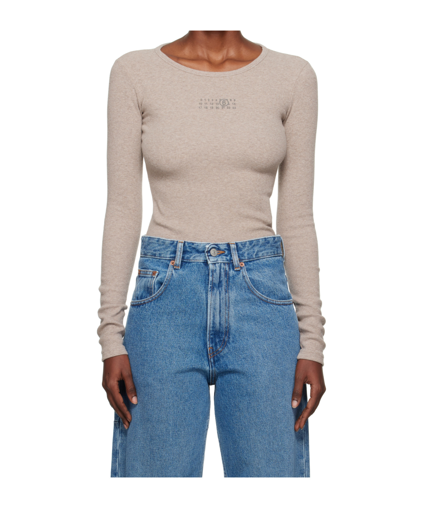 Mm6 Maison Margiela Taupe Wool-blend Rib Jersey Long-sleeved T-shirt In Neutral