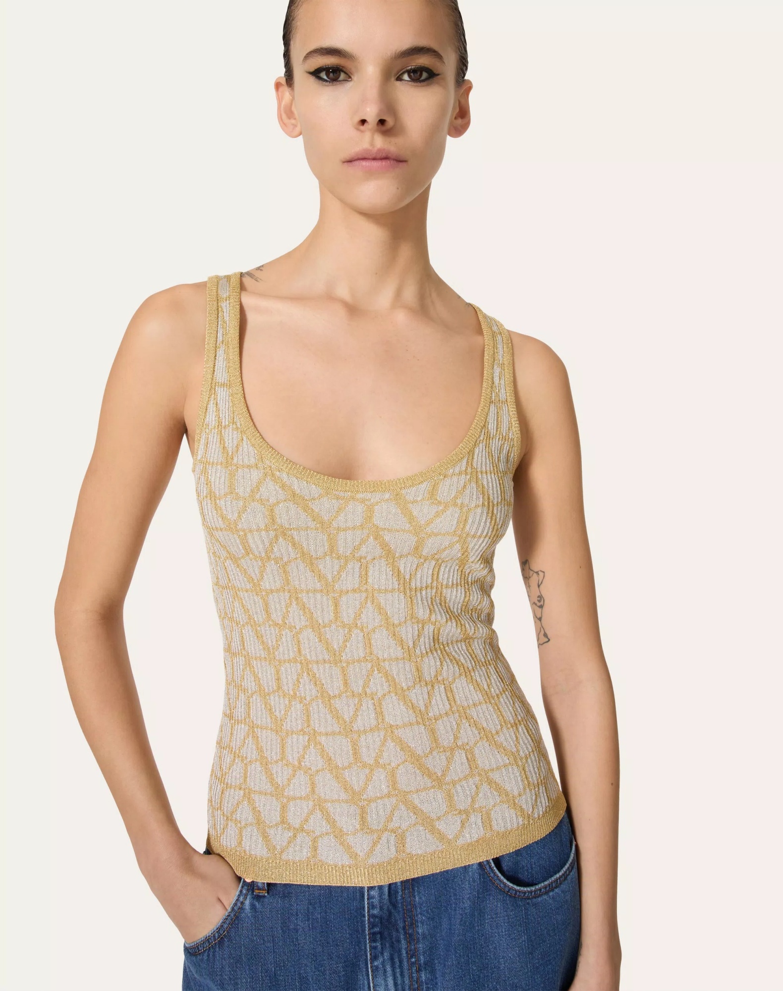 Valentino Iconographic Canvas Sleeveless Top In Nude