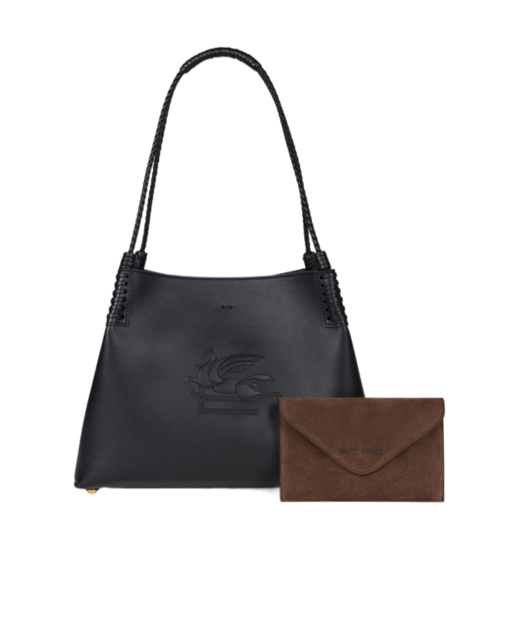 Etro 'libra' Black Shopper With Tone On Tone Pegaso Motif In Black