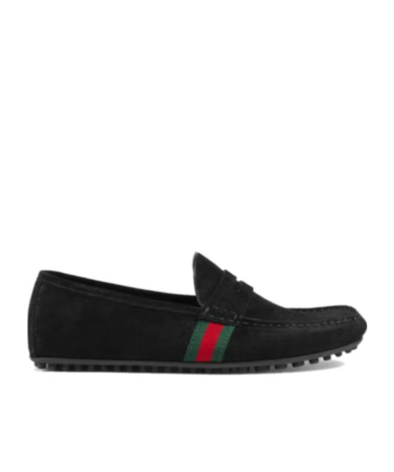 Gucci Web Leather Driver In Black