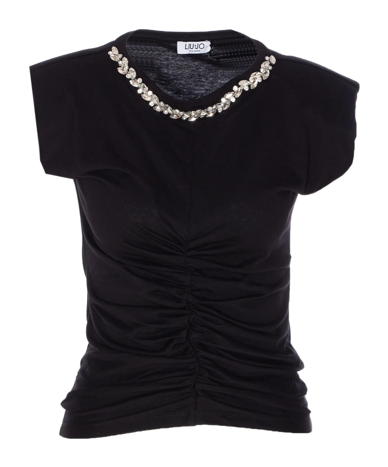Liu •jo Crystal Embellished Cap Sleeve Ruched Top In Black