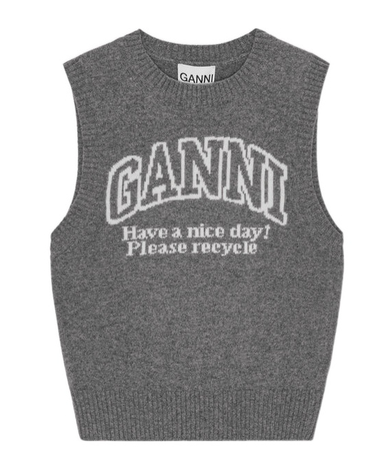 Ganni Knitted Vest With Logo In Gray