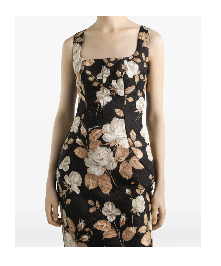 Dolce & Gabbana Rose-print Square-neck Midi Dress In Black