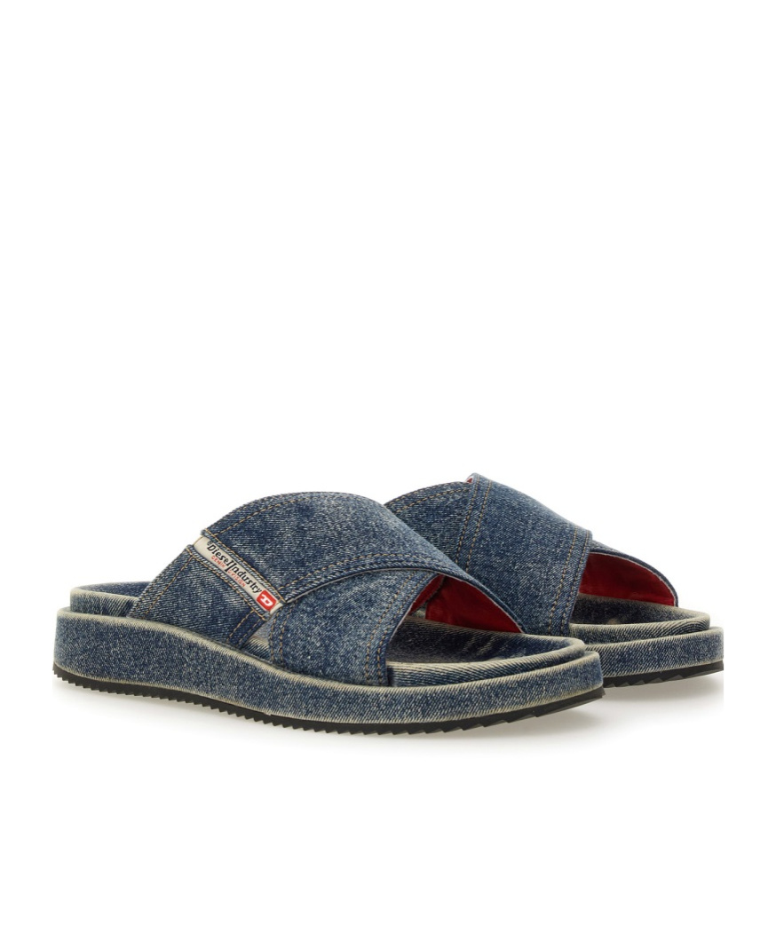 Diesel Sa-slide-denim Slides With Criss-cross Straps In Black