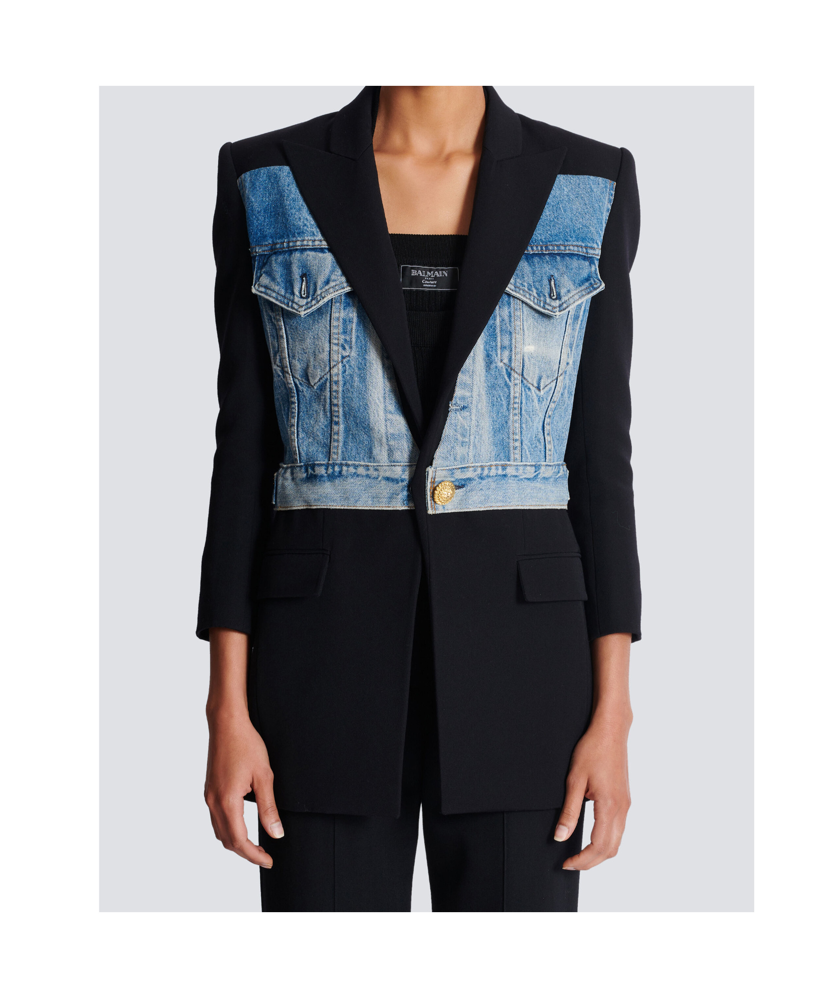 BALMAIN 1-BUTTON BI-MATERIAL JACKET
