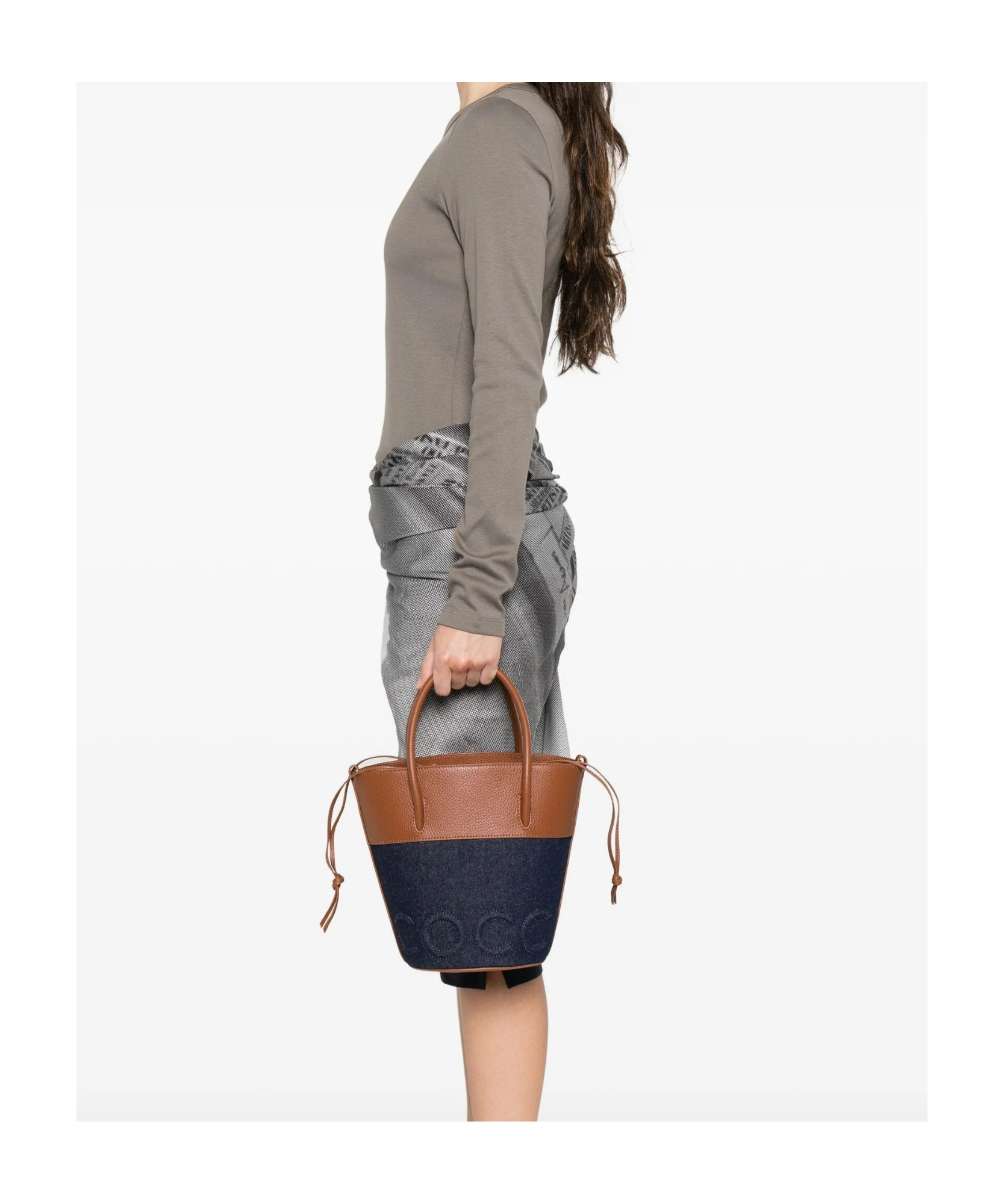 Coccinelle Medium Myrtha Embossed-logo Denim Bucket Bag In Blue