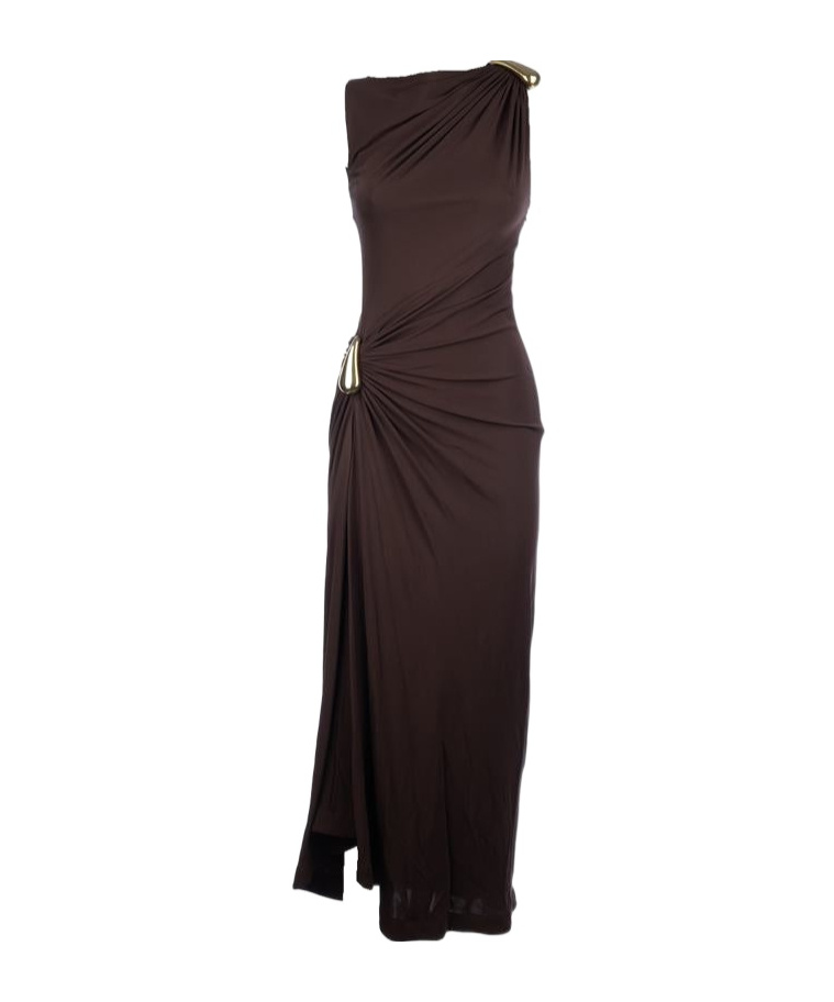 Bottega Veneta Draped Metallic One Shoulder Ruched Dress In Brown