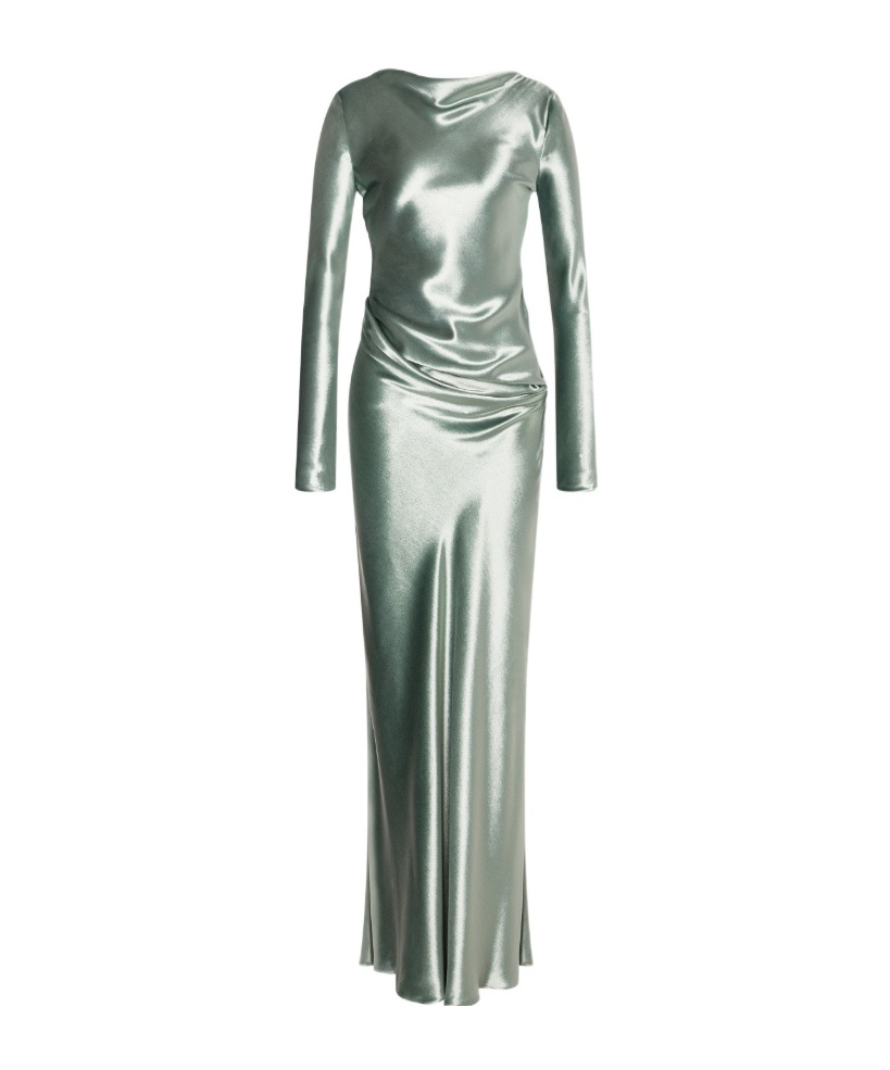 Alberta Ferretti Long Dress In Glossy Velvet In Green