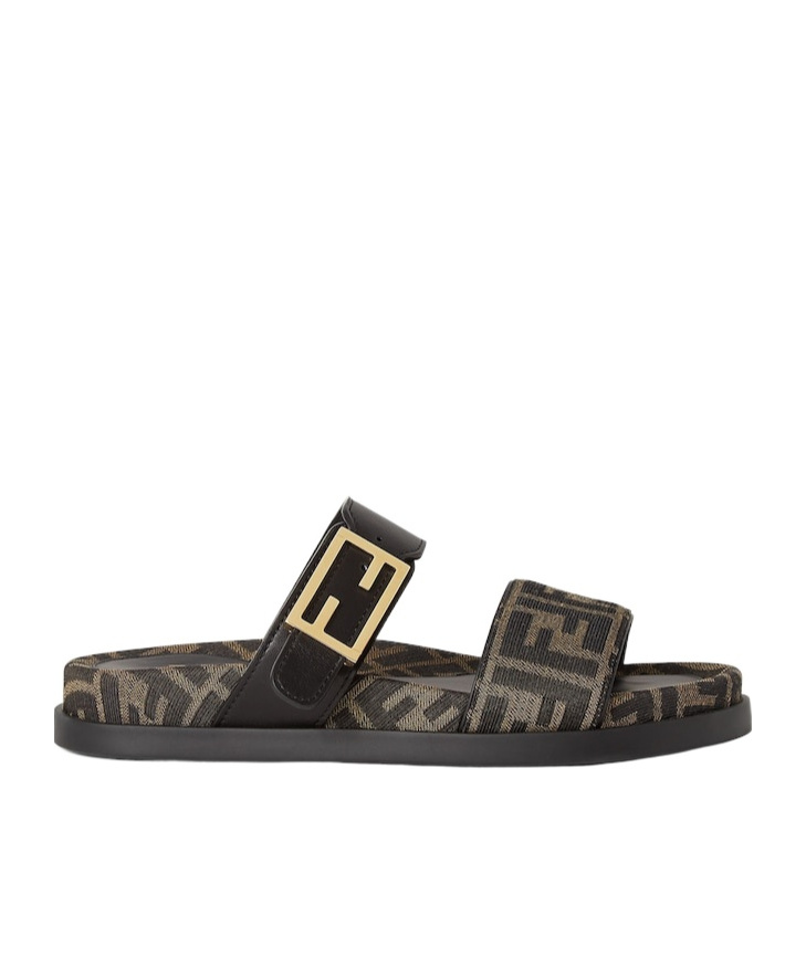 Fendi Black Leather And Brown Ff Fabric Slides