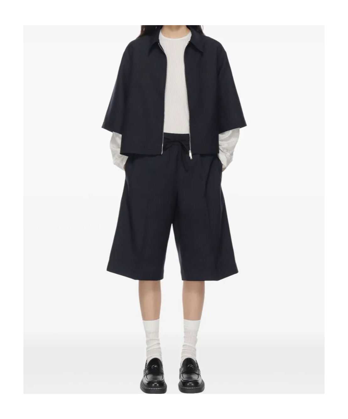 Studio Nicholson Collared Cropped Semi-sheer Short Sleeves Jacket In Navy