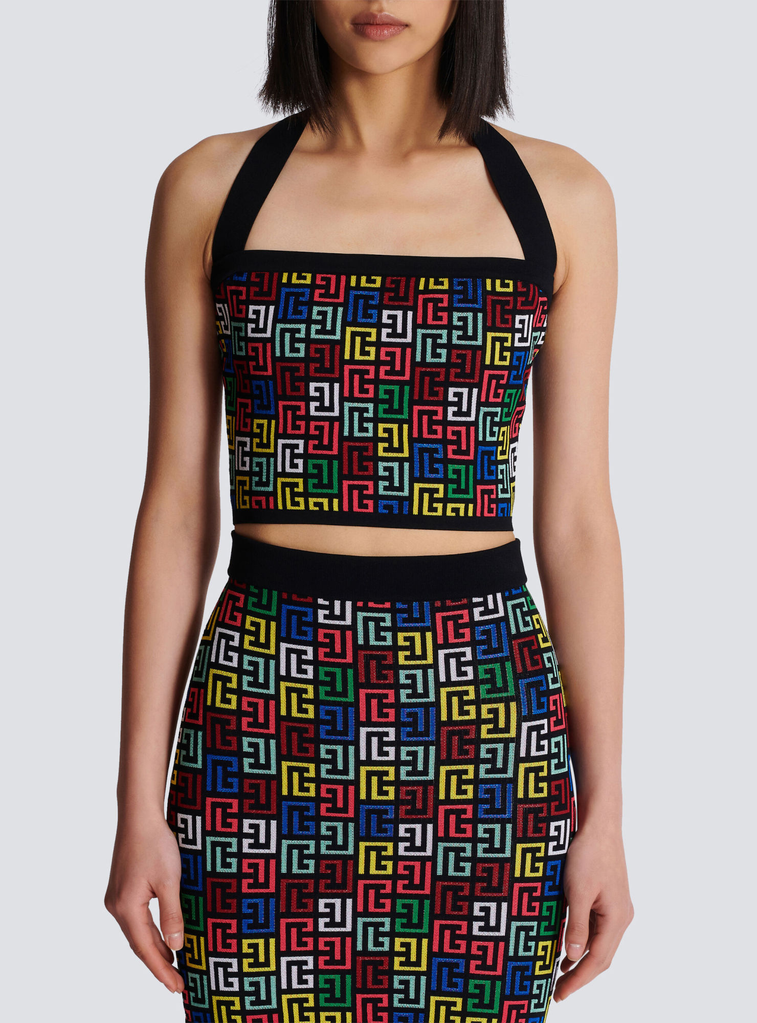 Balmain Halterneck Top In Pop Monogram Knit In Black