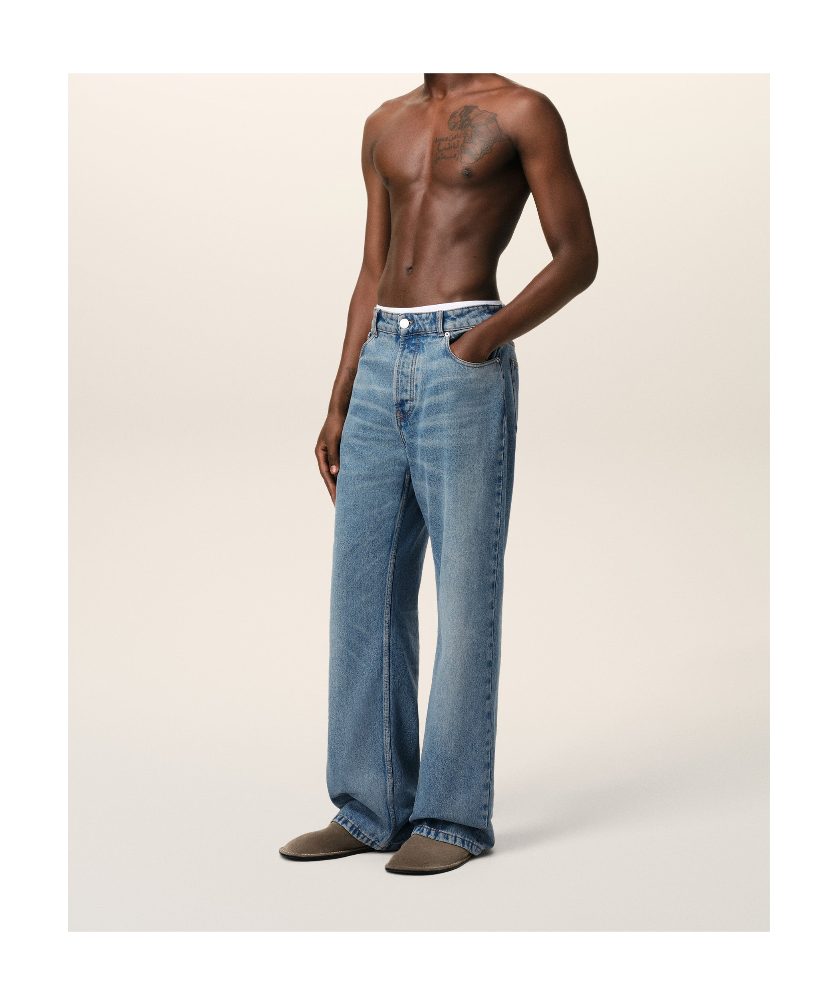 Ami Alexandre Mattiussi Ami Straight-leg Denim Jeans With Faded Blue Wash And Leather Accent